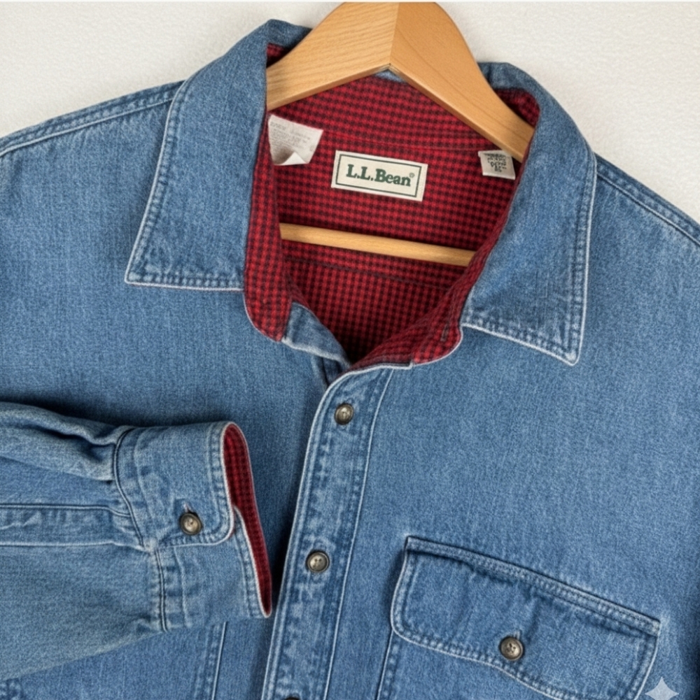 VTG LL Bean Denim Red Check Flannel Lined Shirt Jacket XLT USA Heritage Workwear